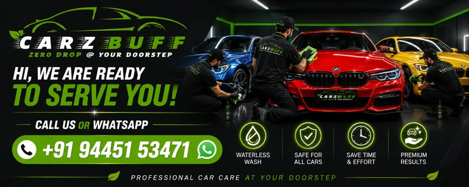 The CARZ BUFF crew hand-detailing cars at a doorstep studio